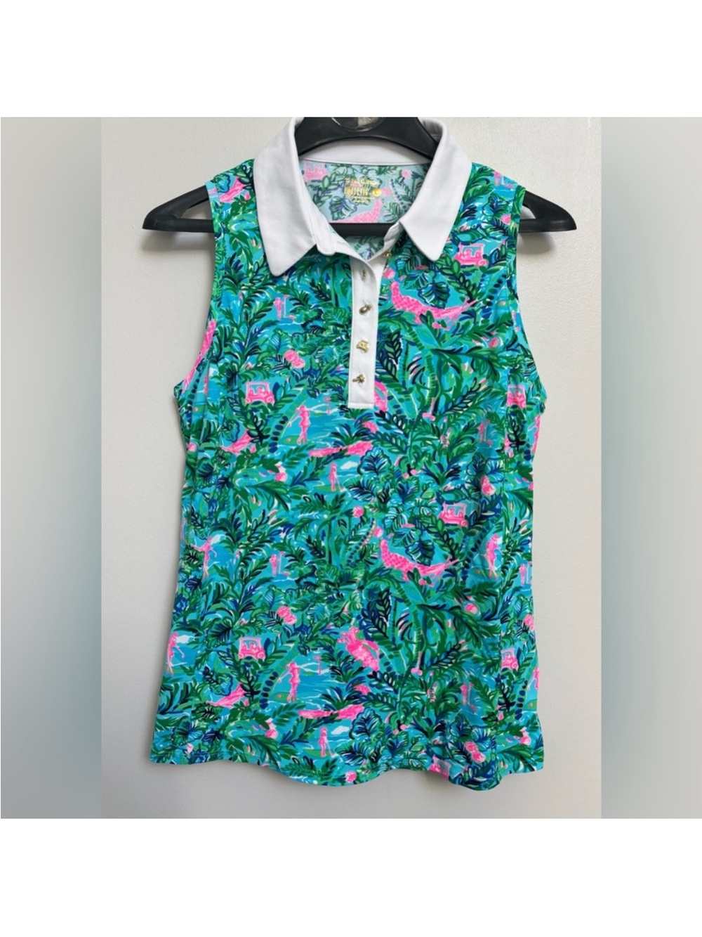 Lilly Pulitzer Green & Pink Tropical Sleeveless golf print  Polo